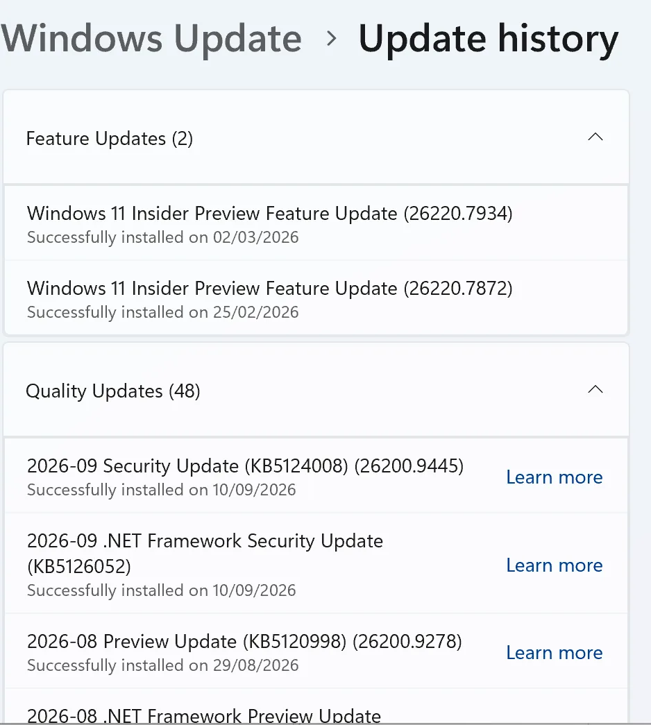 Windows 11 Settings, Windows Update, Update history: the list of installed quality updates with their KB numbers and dates