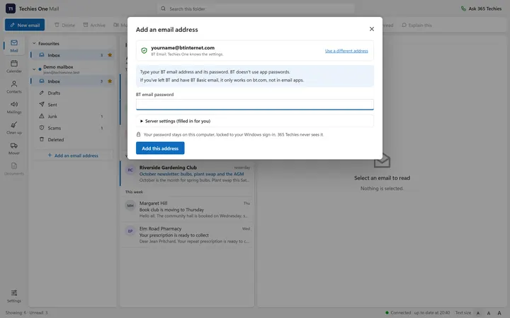 Adding a btinternet.com address: Techies One says it knows the settings and only asks for the BT email password (a made-up sample)