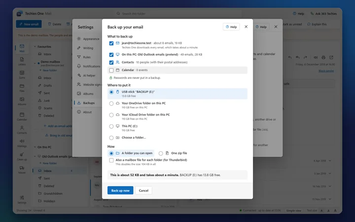 Back up your email: what to back up (an address, a mailbox on this PC, contacts and calendar), where to put it (a USB stick, OneDrive, iCloud Drive or this PC) and Back up now (a made-up sample)
