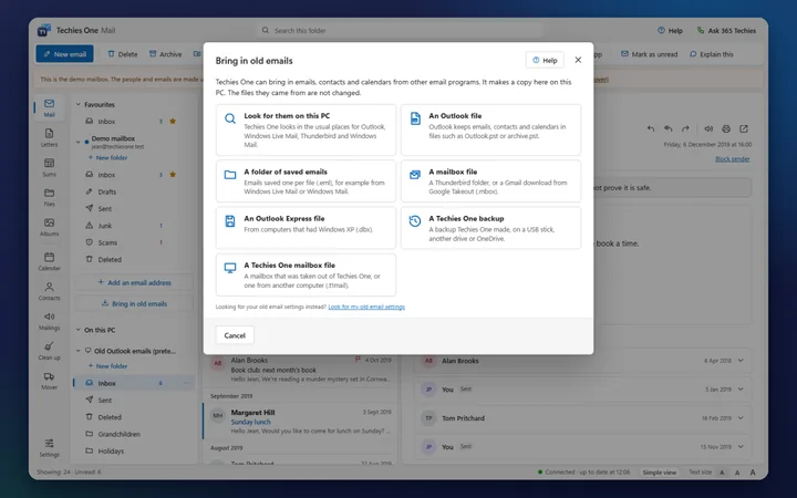 The Bring in old emails box: Look for them on this PC, an Outlook file, a folder of saved emails, a mailbox file, an Outlook Express file and a Techies One backup (a made-up sample)