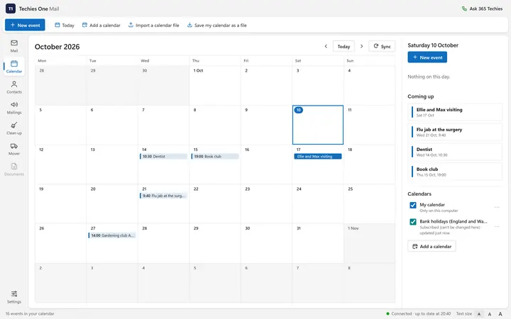 The calendar for October 2026 with a dentist appointment, book club, a flu jab and a family visit, the next appointments listed under Coming up, and the UK bank holidays calendar on the right (a made-up sample)