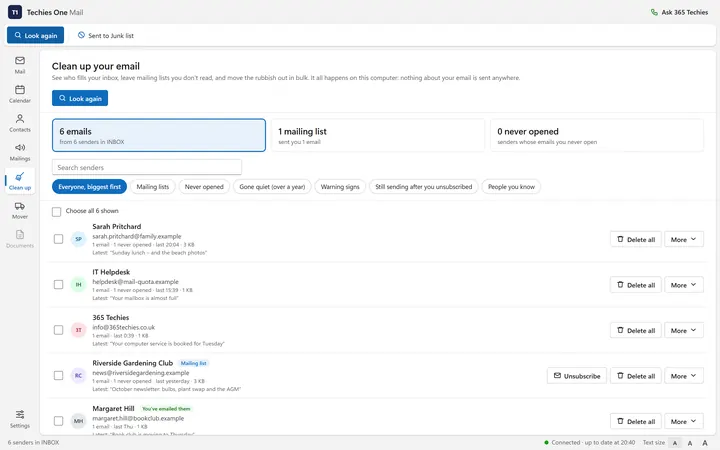The Clean up screen listing each sender with how many emails they sent, a mailing list tag, and Unsubscribe and Delete all buttons (a made-up sample)
