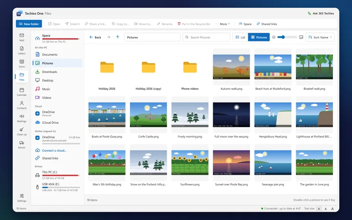 Files in Techies One: the Pictures folder as big thumbnails, with Documents, OneDrive, iCloud Drive and a USB stick in the list of places (a pretend PC)