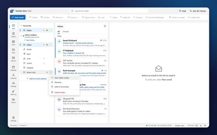 Mail with a folder&rsquo;s options open: New folder inside, Rename, Add to Favourites and Delete folder, with New folder under the email address (a made-up sample)