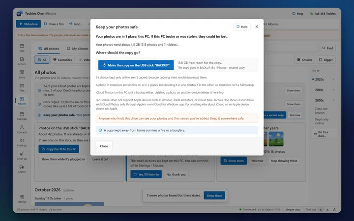 Keep your photos safe: your photos are in 1 place, this PC; make the copy on the USB stick BACKUP, with how much room it needs and a tip to keep a copy away from home (a made-up sample)