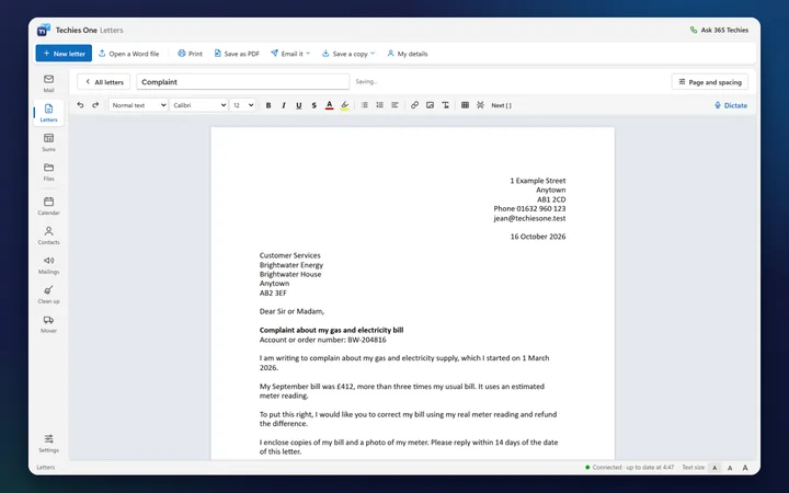 Letters in Techies One: a finished complaint letter on its A4 page, with the sender&rsquo;s details at the top and Save as PDF and Email it buttons (a made-up sample)