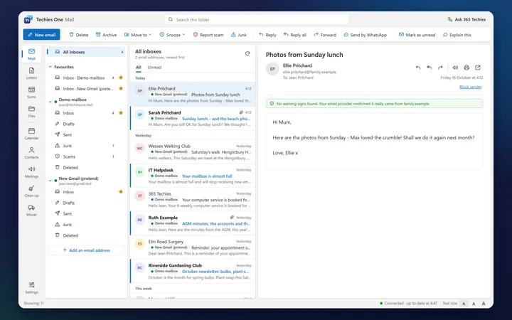 All inboxes in Techies One Mail: one list, newest first, each email marked with the address it came to, with Letters, Sums and Files on the left-hand bar (a made-up sample)