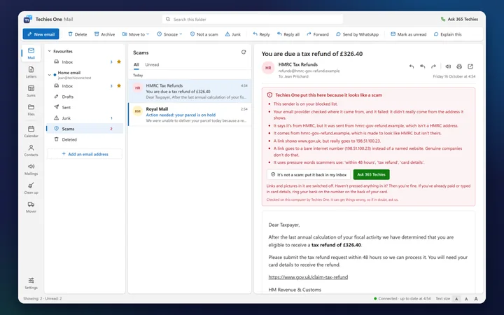 The Scams folder in Techies One Mail: a pretend HMRC tax refund email with a red box listing in plain English why it looks like a scam, and buttons to put it back in the Inbox or ask 365 Techies (a made-up sample)