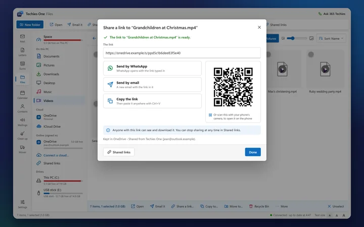 The Share a link window in Techies One: the link, Send by WhatsApp, Send by email and Copy buttons, and a code to scan with a phone (a pretend OneDrive)