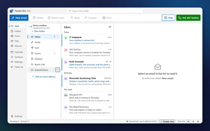 Simple view: large buttons for New email, Delete, Report scam, Reply, Forward and Print, a Help button and a green Ask 365 Techies button, with Mail, Letters, Sums, Files and Albums named down the left (a made-up sample)