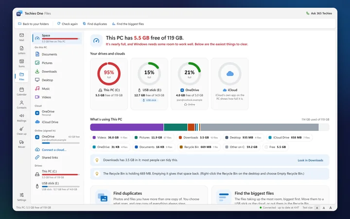 Space in Techies One: rings showing how full This PC, a USB stick and OneDrive are, with This PC in red, and a bar showing what&rsquo;s using This PC (a pretend PC)