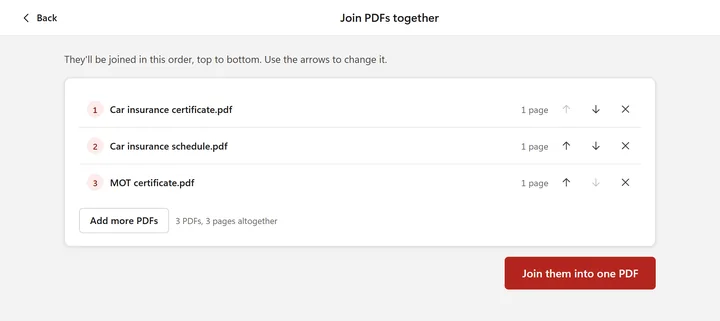 Join PDFs together: a car insurance certificate, a schedule and an MOT certificate in order, with Join them into one PDF (made-up samples)