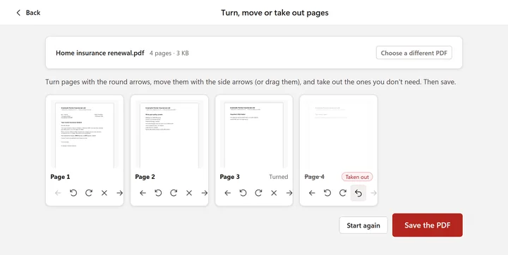 Turn, move or take out pages: four pages of a letter, page 3 turned the right way up and page 4 marked Taken out, with Save the PDF (a made-up sample)