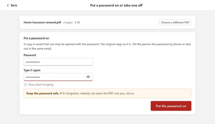 Put a password on: the password typed twice, a warning to keep it safe because nobody can open the PDF without it, and Put the password on (a made-up sample)