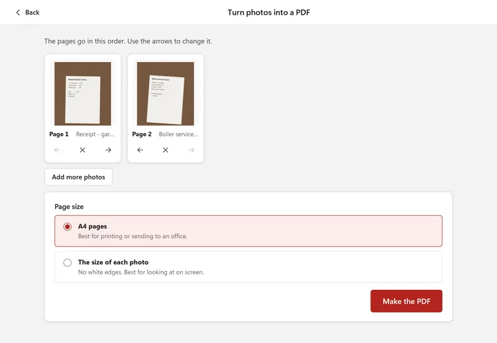Turn photos into a PDF: two photos of a receipt and a boiler service sheet as pages 1 and 2, with A4 pages chosen (made-up samples)