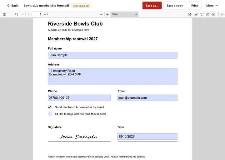 Techies PDF with a club membership form filled in on screen: name, address, phone, email, a ticked box, the date and a signature on the signature line, with Save as, Save a copy and Print at the top (a made-up sample)