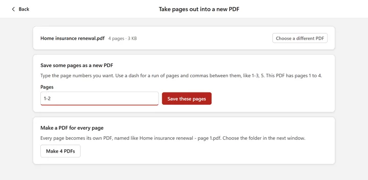 Take pages out into a new PDF: pages 1-2 typed in, with Save these pages, and Make 4 PDFs for one PDF per page (a made-up sample)