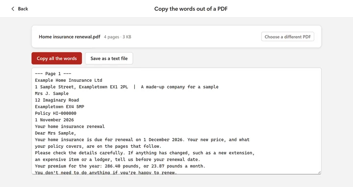Copy the words out of a PDF: the words of a letter shown page by page, with Copy all the words and Save as a text file (a made-up sample)